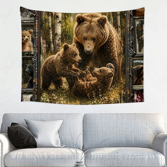 FCXZI Bear Family In Forest Polyester Tapestry Wall Hanging for Bedroom Living Room Decor 40*30in