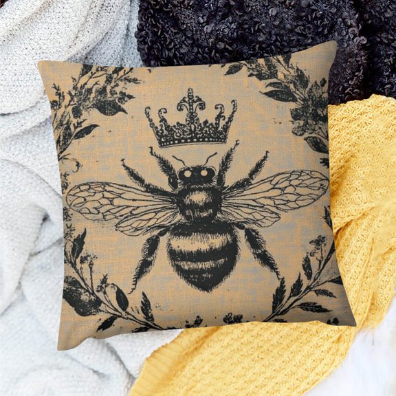 FCXZI Bee Crown Wreath Throw Pillow Cover Farmhouse Decor Linen 18x18in