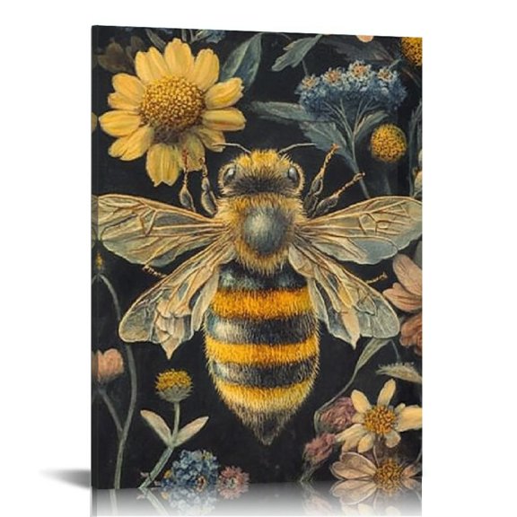 FCXZI Bee Flowers Wall Decor for Home Bathroom Bedroom Office, Ready to Hang Artwork for Living Room Decor 12x16in
