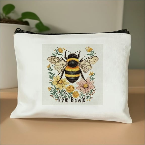 FCXZI Bee Wildflower Cosmetic Bag, Vintage Rhubarb Honey Bee Floral Cosmetic Bag Bee Lovers Best Gift Creative Teenage Girl Women