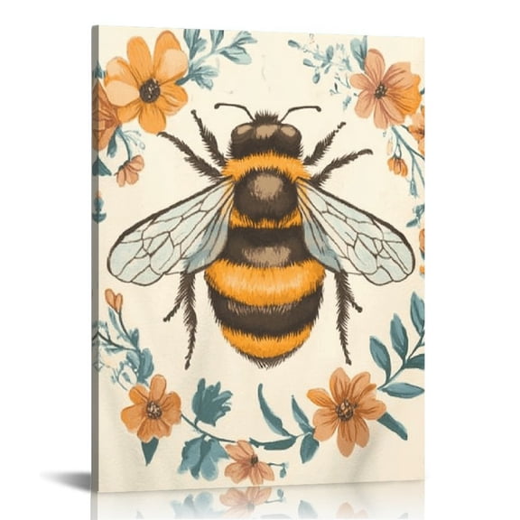 FCXZI Bee Wreath Flowers Wall Art Canvas Home Decor Bedroom Office Aesthetic Decoration Living Room Bathroom Gift Idea 16x20in