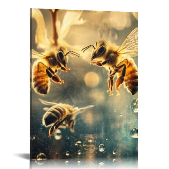 FCXZI Bees Flowers Water Droplets Print On Canvas Wall Art Home Decor Living Room Bathroom Bedroom Office 12x16in
