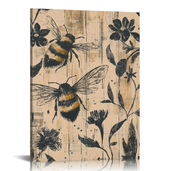 FCXZI Bees Flowers Woodcut Canvas Wall Art Home Decor for Living Room Bathroom Bedroom Office 12x16in