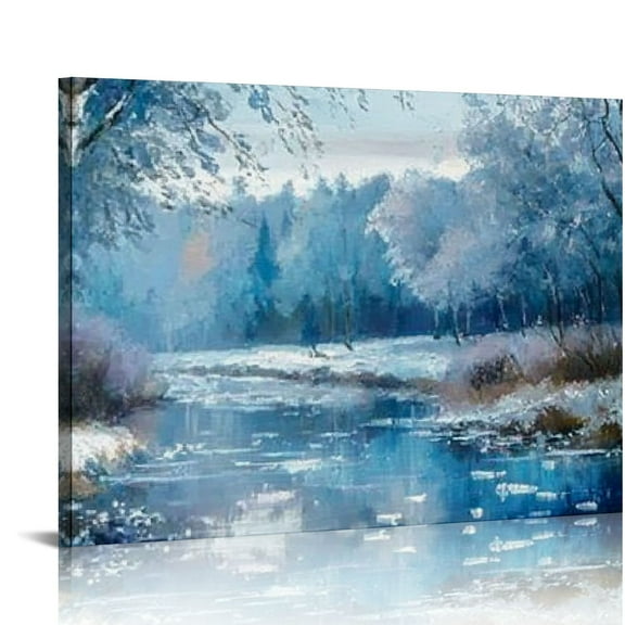 FCXZI Birch Tree Wall Art Canvas Blue Landscape Nature Forest Painting Teal Mountain River Picture, Extra Large Artwork Textured  for Living Room Bedroom Home Office Wall Décor 16x12in