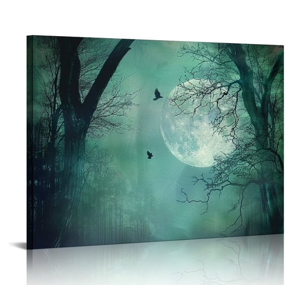 FCXZI Bird Moon Forest Canvas Wall Art Print Ready To Hang Home Decor for Living Room Bedroom Bathroom Office 16x12in