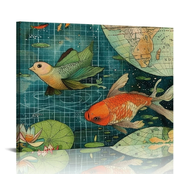 FCXZI Birds Water Lilies World Map Art Modern Canvas Prints Wall Decor Ready To Hang Home Decor 16x12in