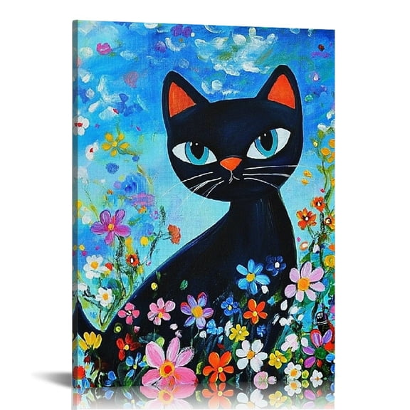 FCXZI Black Cat Flowers Canvas Print Wall Art Home Decor 12x16 12x16in