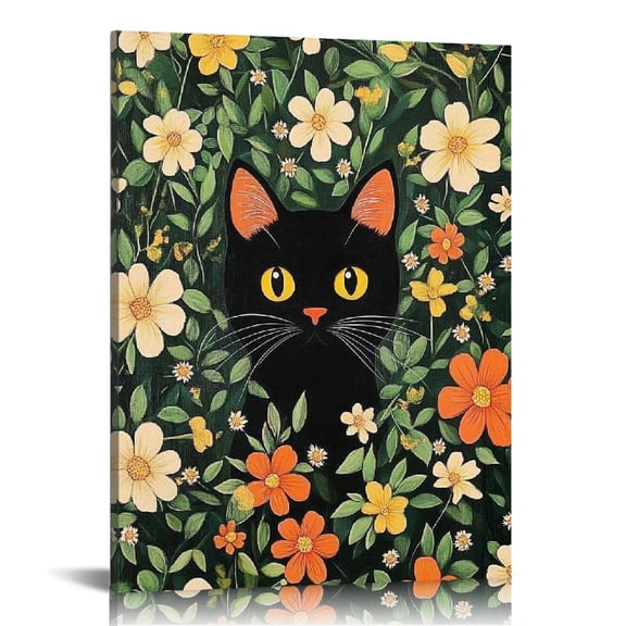FCXZI Black Cat Flowers Canvas Print Wall Art Home Decor 12x16 16x20in