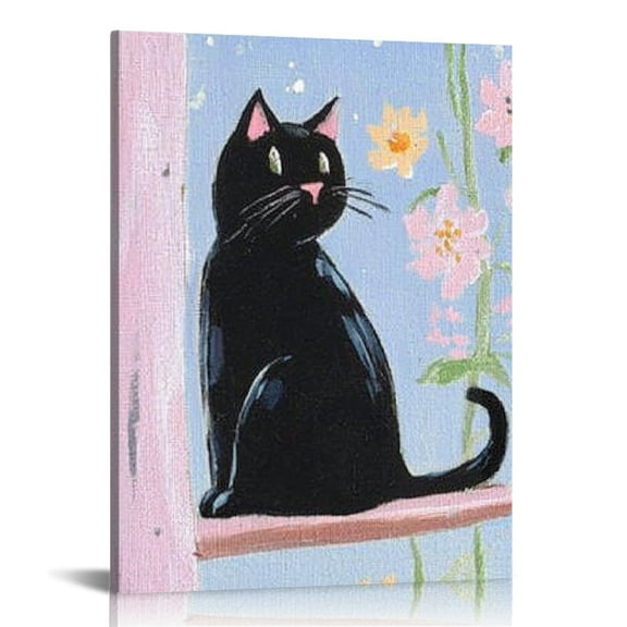 FCXZI Black Cat Flowers Print Canvas Wall Art Home Decor 12x16 16x20in