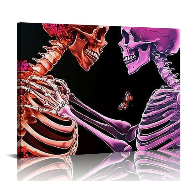 FCXZI Black and Pink X-Ray Human Skull with Butterfly Canvas Painting - Romantic Skeleton Couples Wall Art for Office Decor, Ready to Hang 16x12in