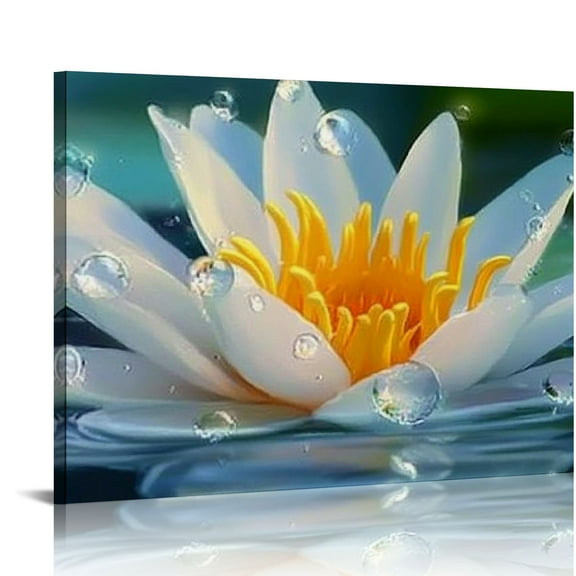 FCXZI Blue Abstract Butterfly Canvas Wall Art Water Lily Pond Painting Zen Stones White Lotus Flower Teal Turquoise Pictures for Living Room Bedroom Bathroom Spa Salon Home Office Wall Decor 16x12in