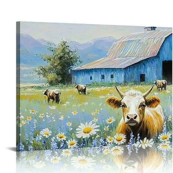 FCXZI Blue Barn Picture Farmhouse Canvas Wall Art Highland Cow and White Flowers Landscape Textured Painting Large Scenery Artwork  for Living Room Bedroom Bathroom Office Home Decor  16x12in