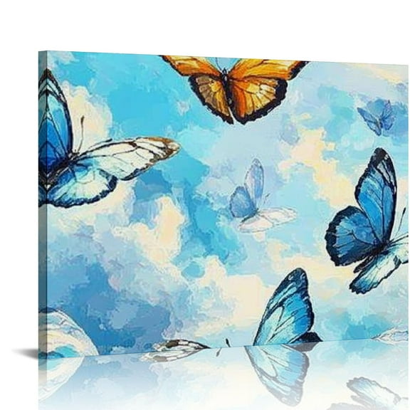 FCXZI Blue Butterfly Canvas Wall Art Decor Modern Watercolor Butterflies Painting Picture Print for Living Room Bedroom Bathroom Navy Blue Decorations 16x12in