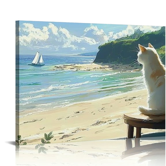 FCXZI Blue Coastal Canvas Wall Art Pink Rose Flower Painting Animal White Cat Picture Cocout Tropical  Artwork for Bathroom Living Room Bedroom Kitchen Home Office Wall Decor 20x16in