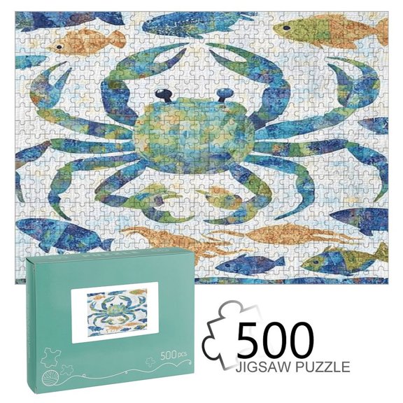 FCXZI  Blue Crab And Sea Life Quilt,  Interest Wooden Jigsaw Puzzle, HD Printed Art Puzzle, Interactive Family Game, Wall Decor for Bedroom Living Room, Educational, Fun Gift for Adults and Family