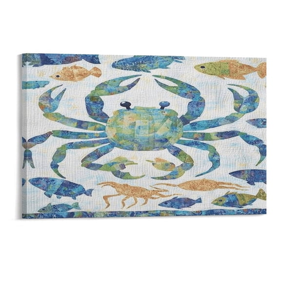 FCXZI Blue Crab And Sea Life Quilt Wall Art, High-definition Printed Frameless Canvas Wall Art, Suitable for Hanging in Bedrooms, Dormitories, and Living Rooms, for Adult and Home Decoration