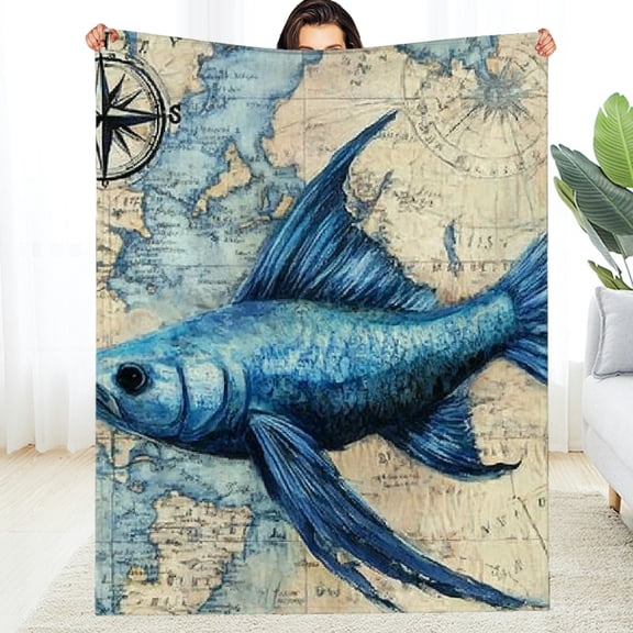 FCXZI Blue Fish World Map Compass Flannel Blanket, Soft & Warm 50*60in