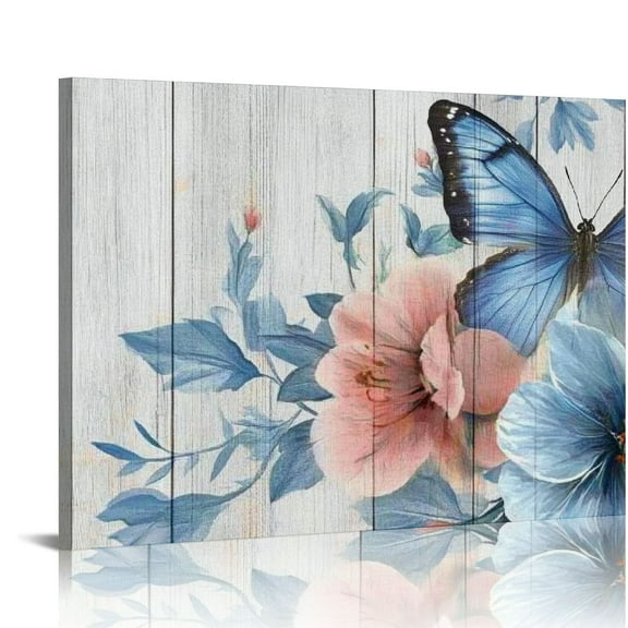 FCXZI Blue and Gray Floral Canvas Wall Art for Bathroom Blue Flower and Butterfly on Rustic Wood Pictures Wall Decor Wildflower Nature Plant Wall Art for Living Room Bedroom 16x12in