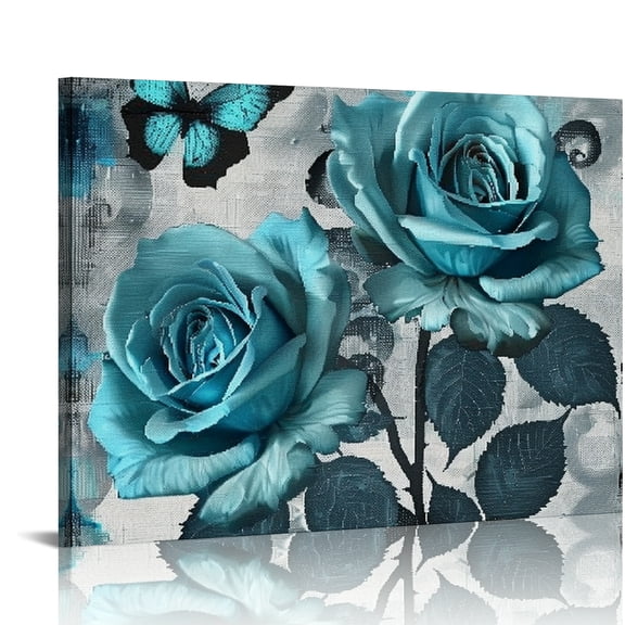 FCXZI Blue Roses Butterflies Gothic Art Wall Decor for Bedroom Kitchen Canvas Print, Ready to Hang Home Art Decor 20x16in
