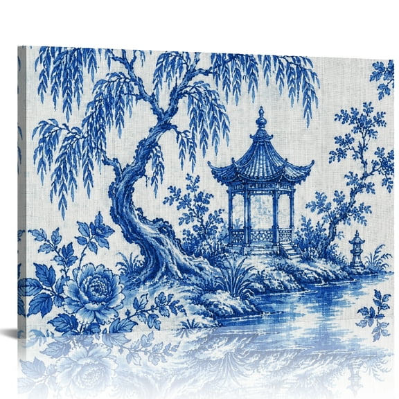 FCXZI Blue Willow Garden Scene Canvas Wall Art for Living Room Bedroom Kitchen Decor 24x16in