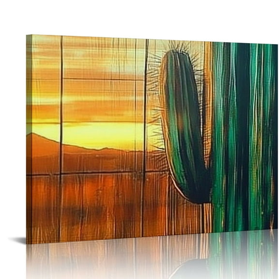 FCXZI Cactus Wall Art Saguaro Picture Southwestern Art Arizona Desert Sunset Painting Wood Background Succulent Boho Canvas Prints Living Room Wall Decor  16x12in