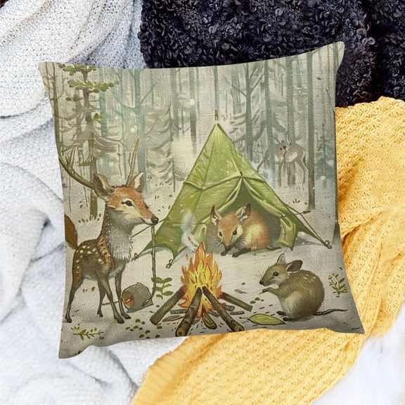 FCXZI Camping animal pillowcase, tree deer, fox, tent, campfire, outdoor adventure, decorative pillowcase, square linen, pillow cover, home bed, sofa 18x18in