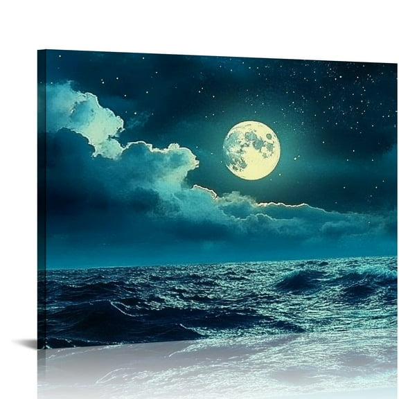 FCXZI Canvas Wall Art For Bedroom Office Wall Decor, Night Sea Beach Moon Ocean Landscape Wall Decorations For Living Room Painting Pictures Artwork For Modern  Prints Home Decor 16x12in