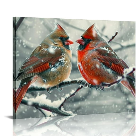 FCXZI Cardinal Wall Art Winter  Bird Canvas Prints Cardinal Painting Picture Stretched and  for Holiday Decor  20x16in