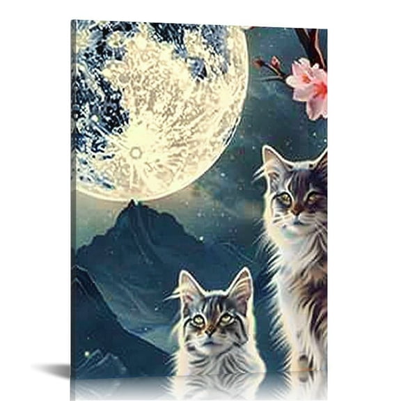 FCXZI Cat Canvas Wall Art Vintage Cats Painting Pictures Prints Full Moon Artwork Decorations The walls are decorated with canvas paintings 16x20in