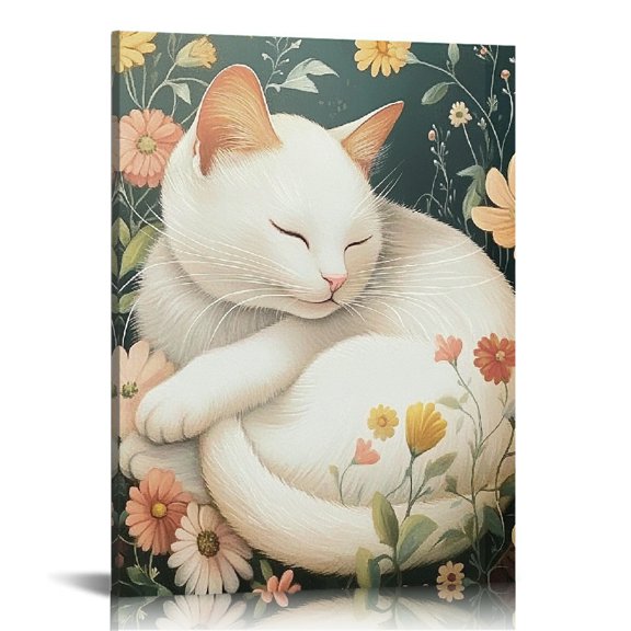 FCXZI Cat Flowers Wall Decor Canvas Prints for Home Office Art 16x20in