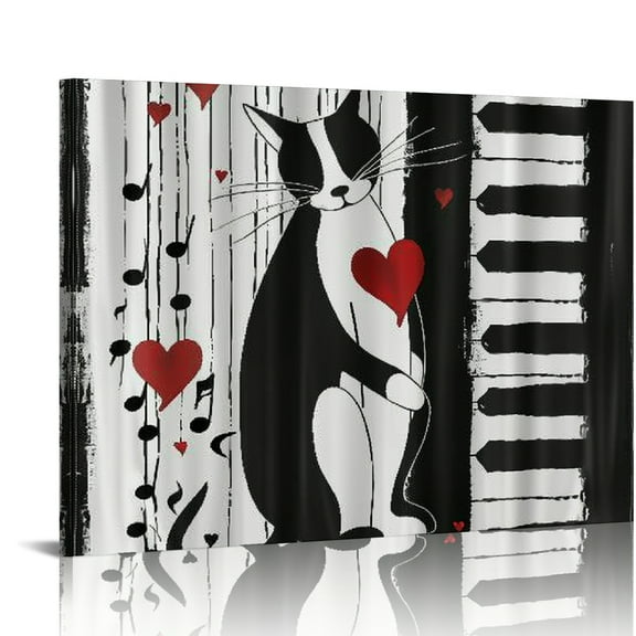 FCXZI Cat Hearts Piano Keyboard Print On Canvas Wall Art Decor Ready To Hang Home Room Decoration 16x12in