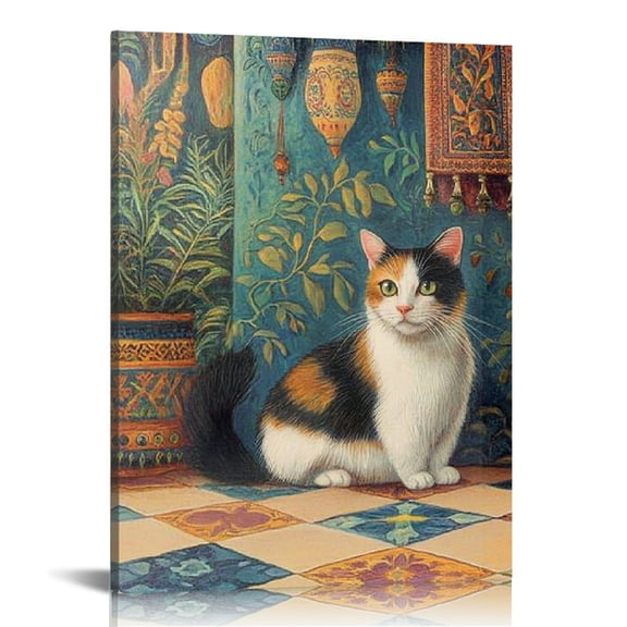 FCXZI Cat Painting Tiled Floor Art Modern Canvas Prints Wall Decor 12x16in