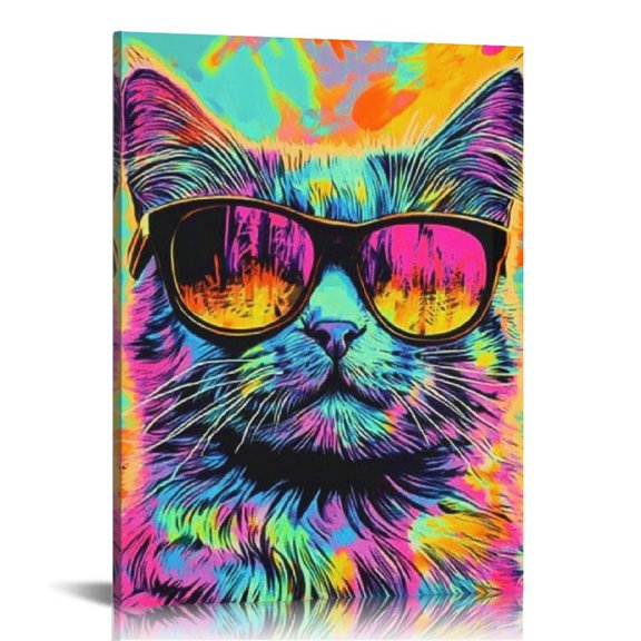 FCXZI Cat Sunglasses Tie Dye Canvas Art Modern Wall Decor 12x16 12x16in