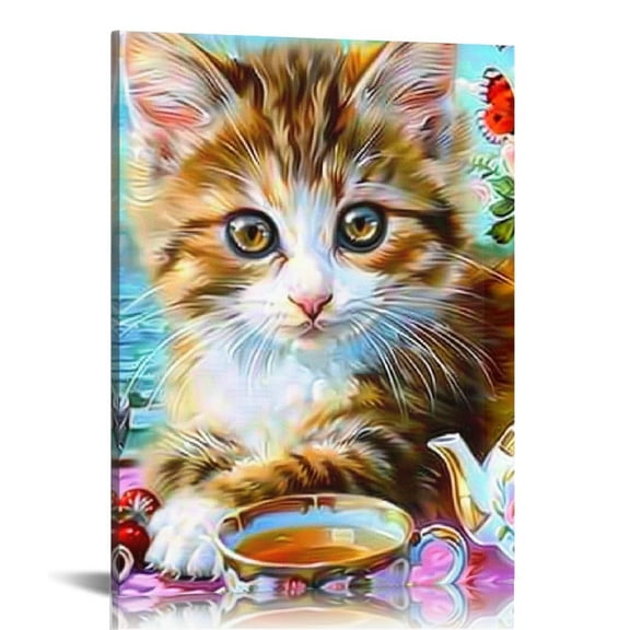 FCXZI Cat Tea TIme Lighted Canvas Wall Art Print Canvas Wall Art Print Design Artwork for Living Room Canvas painting 12x16in