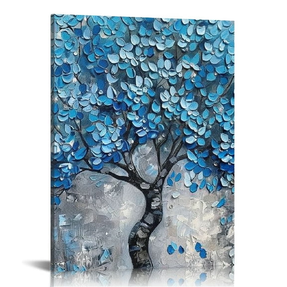 FCXZI Cherry Blossom Canvas Oil Paintings, Abstract Blue Tree Art Prints, Teal Modern Home Wall Decor Living Room Bedroom Pictures, Neutral Office Decor Artwork  Canvas painting 12x16in