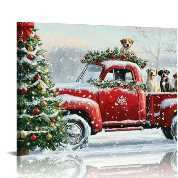 FCXZI Christmas Canvas Wall Art Vintage Red Pickup Truck Wall Decor Christmas Tree Prints Picture Rustic Farmhouse Dogs Paintings Retro Country Scenic Artwork for Living Room Bedroom Home 20x16in