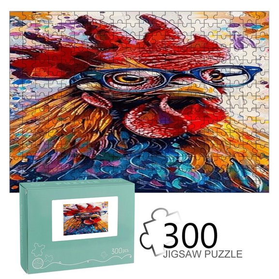 FCXZI  Colorful Rooster With Glasses,  Interest Wooden Jigsaw Puzzle, HD Printed Art Puzzle, Interactive Family Game, Wall Decor for Bedroom Living Room, Educational, Fun Gift for Adults and Family
