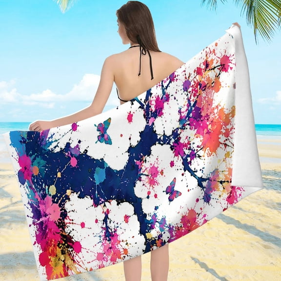FCXZI Colorful Splatter Cherry Tree Sand Free Microfiber Beach Towel Large Size 80*160cm
