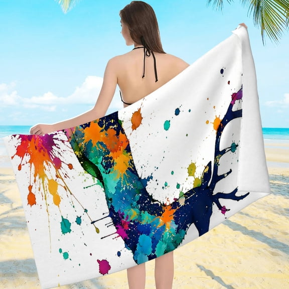 FCXZI Colorful Splatter Deer Sand Free Ultra-Soft Microfiber Beach Towel Large Size 80*160cm