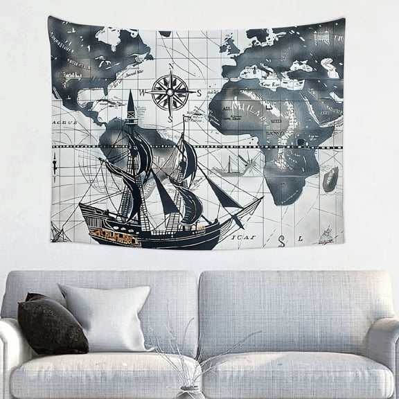 FCXZI Compass Map Boat Print Wall Art Tapestry for Bedroom Living Room 40*30in