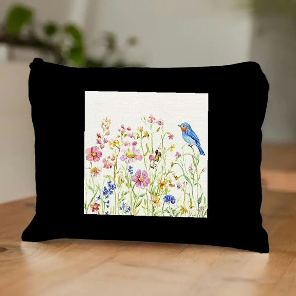 FCXZI Cottagecore Watercolor Wildflowers Colorful Meadow Flowers Makeup Bag,Colorful Floral Cosmetic Bag Best Gift Idea for Flower Lovers Girls Women Mom,Birthday Mother's Day Gifts for Mom Black