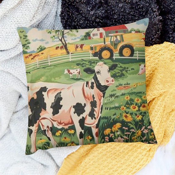 FCXZI Cow Print Cushion Case for Boys Girls Tractor Pillow Cover Western Farmstyle Throw Pillow Cover Rustic Farmhouse Cow Decorative Pillow Cover Farm Animal Milk Cow Cushion Cover 18x18in