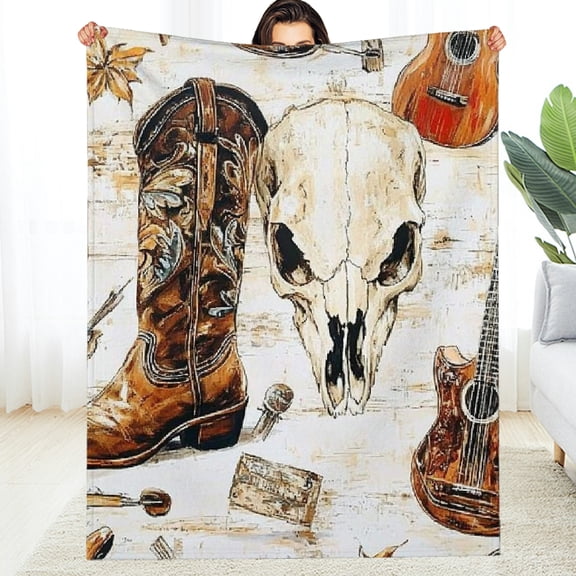 FCXZI Cow Skull Cowboy Boots Guitar Fuzzy Flannel Blanket, All-Season Comfort, Multi-Purpose Gift 30*40in