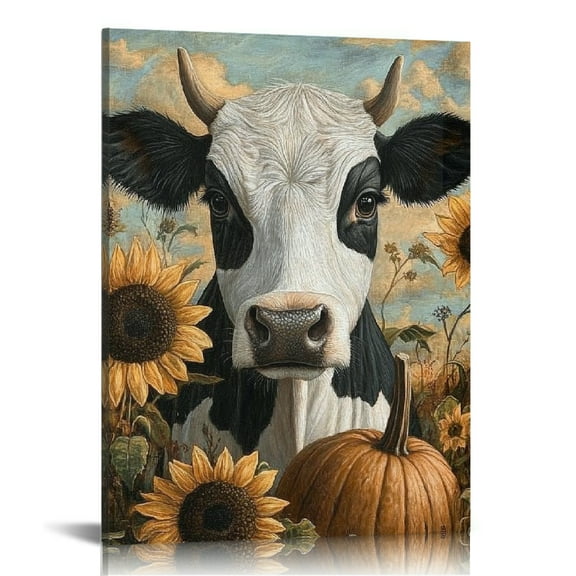 FCXZI Cow Sunflowers Pumpkins Canvas Wall Art Home Decor 12x16 12x16in