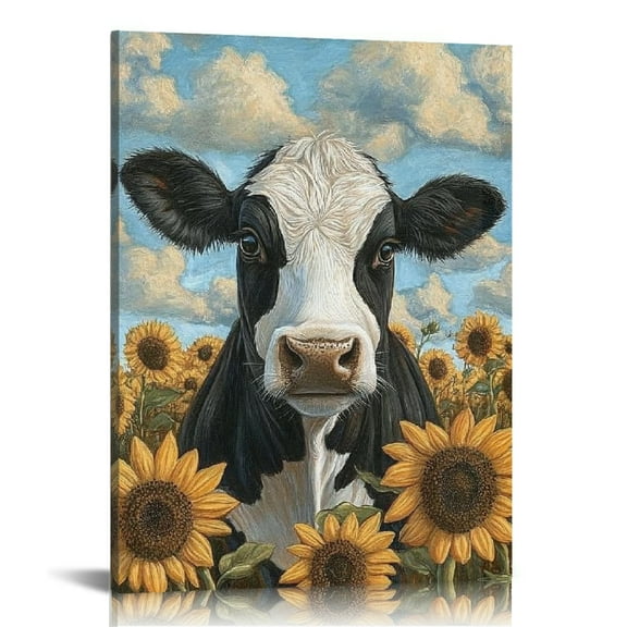 FCXZI Cow Sunflowers Sky Canvas Wall Art Home Decor 12x16 16x20 12x16in