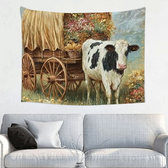 FCXZI Cow Wagon Flowers Print Wall Tapestry for Home Decoration 40*30in
