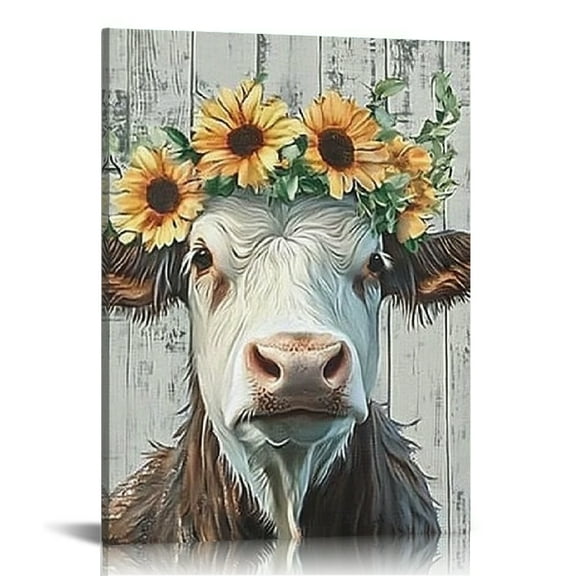 FCXZI Cow With Flower Crown Canvas Print Wall Art Home Decor 12x16in