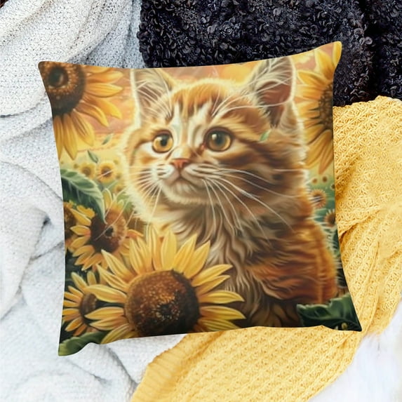 FCXZI Cute Cat Sunflowers Butterfly Square Cushion Cover 100% Linen 24x24in