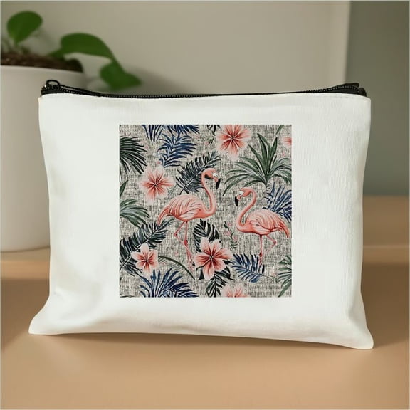 FCXZI Cute Makeup Bag for Purse Canvas Waterproof Funny Cosmetic Bags for Women Zipper Travel Toiletry Pouch-Flamingo Makeup Bags-Beige White