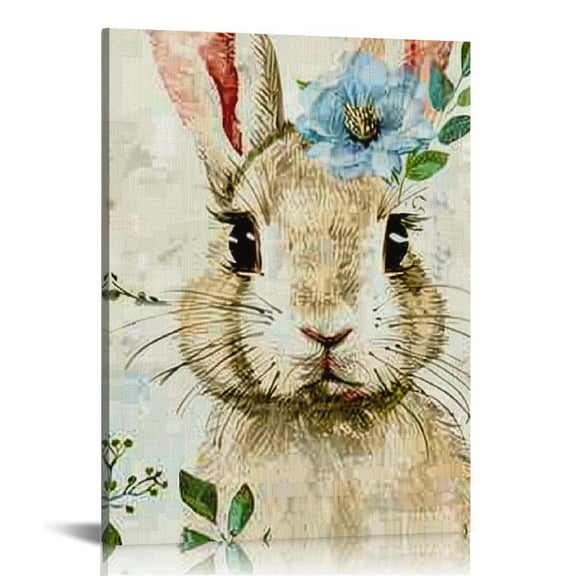 FCXZI Decor Cute Rabbit Canvas Wall Art Vintage Floral Print Pictures Painting Farmhouse Spring Artwork for Living Room Bedroom Kitchen Nursery Home Decorations Canvas painting 12x16in